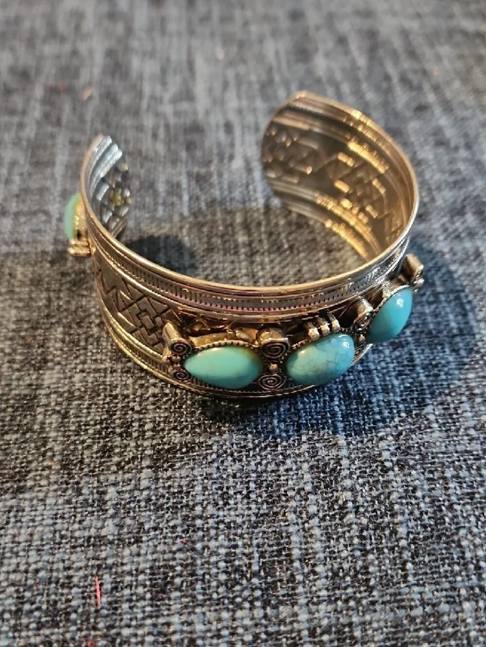 Turquoise Stone Silver-Tone Cuff Bracelet - Women Jewelry
